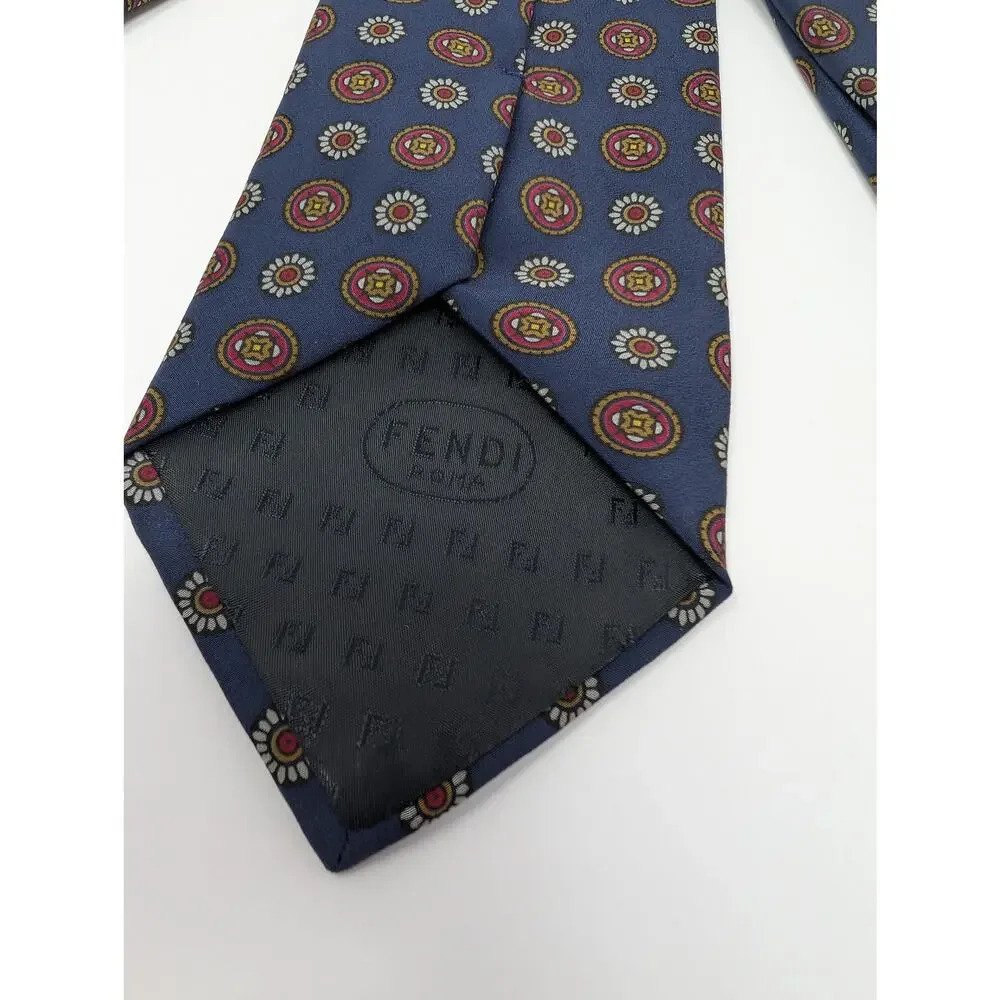 Fendi Cravette 100% Silk Novelty Italian Neck Tie Blue Multi Classic Formal Work